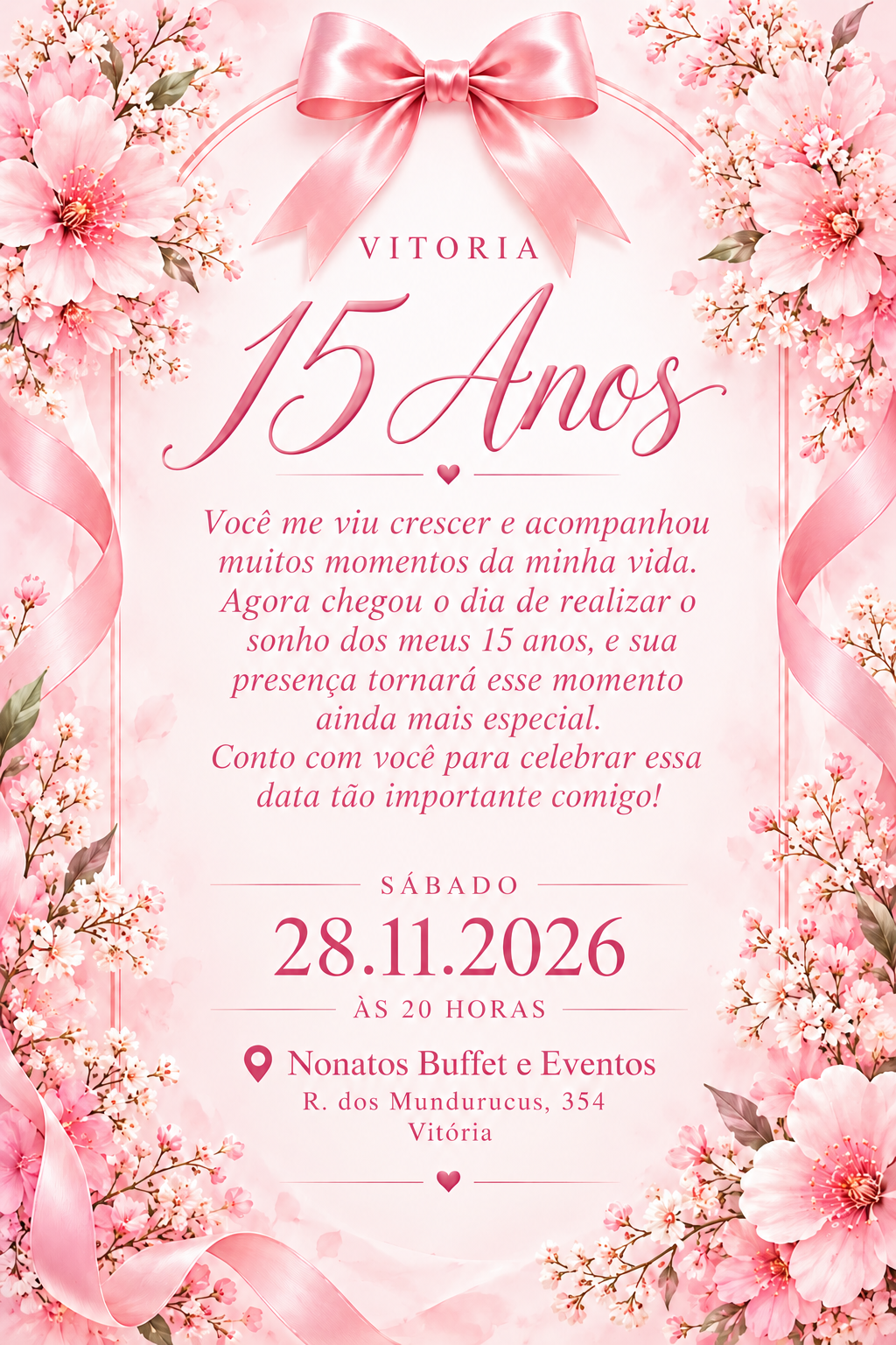 Convite de 15 anos, 28 de novembro de 2026 às 20 horas, Nonatos Buffet e Eventos